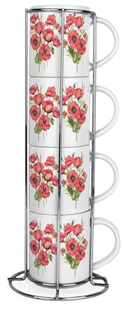 Purely Home Red Poppies Stacking Mugs Set - Floral Presents for Her - Set of 4 Small Ceramic Mugs Gift Set with Metal Stand