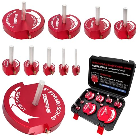DEEFIINE 9Pcs Double Blade PVC Pipe Reamer Kit, PVC Fitting Saver Plastic Pipe Fitting Reamer Socket Saver Plumbing Tool Include 1/2,3/4'', 1'', 1-1/4,1-1/2'', 2'', 2-1/2,3'', 4'' for Schedule 40