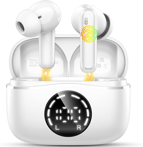 Wireless Earbuds, Bluetooth 5.4 Headphones with 4 ENC Noise Cancelling Microphone, Ear buds with HiFi Stereo Deep Bass, Bluetooth Earphones 48H Playtime LED Display, IP7 Waterproof, Snow White