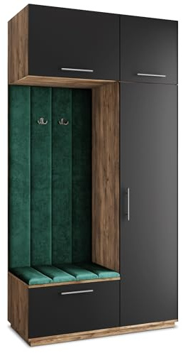 Masseno Flugarderoben Set Rema, Kleiderschrank-Set mit Sitzbank, Garderobenschrank Flur mit 5 Regalböden, Eiche Lefkas/Schwarz