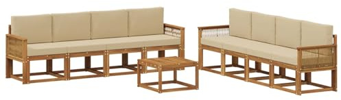 vidaXL Outdoor-Sofagarnitur mit Kissen 9 pcs Natur und Beige Polyester, Moderner Garten-Sofaset, stilvolle Sitzgelegenheit, Akazie Holz Möbel, bequemer Lounge, wetterfest