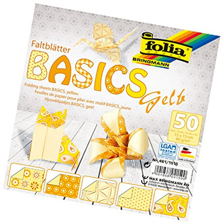 folia 461/1515 - Faltblätter Basics gelb 15 x 15 cm, 80 g/qm, 50 Blatt sortiert in 5 Motiven - ideal für wunderschöne Faltfiguren und -formen
