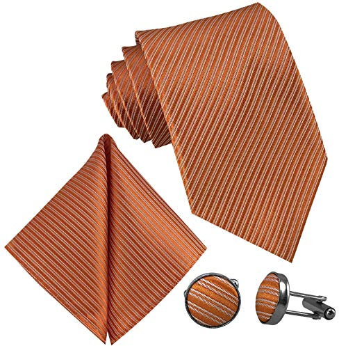 GASSANI 3-SET Orange Krawatte Streifen gestreift | Binder Manschettenknöpfe Einstecktuch | Krawattenset zum Anzug Seide-Optik