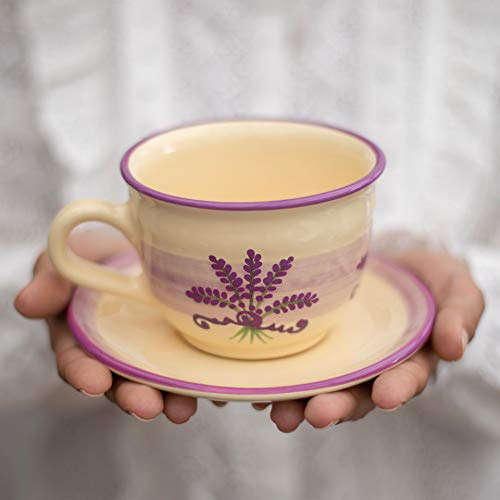 City to Cottage - Keramik Kaffebecher Teetasse 350 ml, Lavendel Motiv, Handgemacht Kaffeetasse mit Untertasse, Cappuccino Tasse