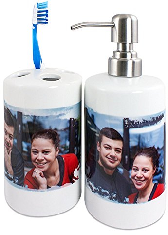 Badezimmerset aus Seifenspender und Zahnbürstenhalter mit Foto selbst gestalten und Bedrucken lassen ✓