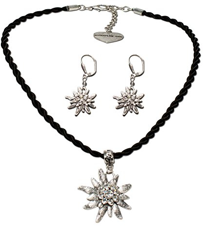 Schmuckset Trachtenkette Kordel und Strass-Edelweiß-Ohrhänger - Damen Kordelkette und Trachtenohrringe, Dirndlkette Strass-Edelweiss zur Trachtenbluse, Oktoberfest, Trachtenschmuck (schwarz)
