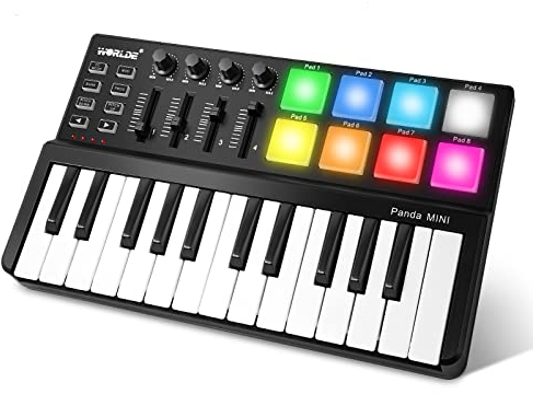 MIDI Keyboard 25 Keys, Worlde Panda MINI II USB Keyboard MIDI with 8 RGB Backllit Drum Pads, 4 Sliders and 4 Knobs
