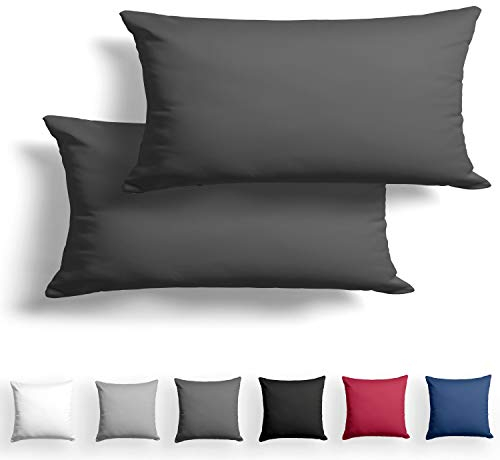 Alreya 2er-Set Mako Satin Kissenbezug 40 x 80 cm - 100% Baumwolle mit YKK Reißverschluss, Superweicher Kopfkissenbezug 40x80, Kissenhülle, Oeko-TEX® Standard Zertifiziert, Anthrazit, nur Kissenbezug