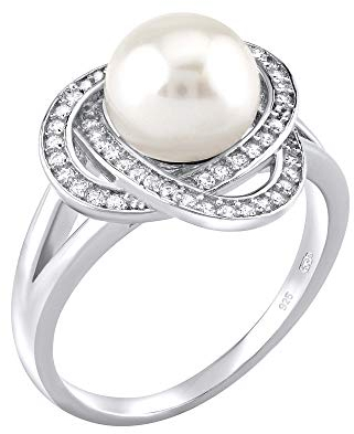 SILVEGO Damen Ring aus 925 Sterling Silber mit weißer natürlicher Perle und Zirkonia