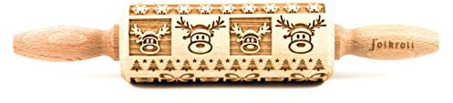 Folkroll 13263 - Mini Teigroller Deko 2 Griffe Gravur Weihnachtsfreude - Glocken, Zuckerstange, Schneemann, Engel, Stechpalme - Buchenholz - 240x45x45mm