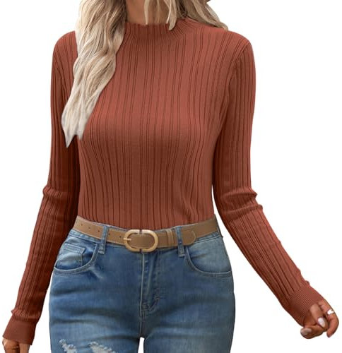 OUGES Women's Mock Turtle Neck Lightweight Jumpers Soft Ribbed Sweater Knitted Long Sleeve Top(Coffee, M)
