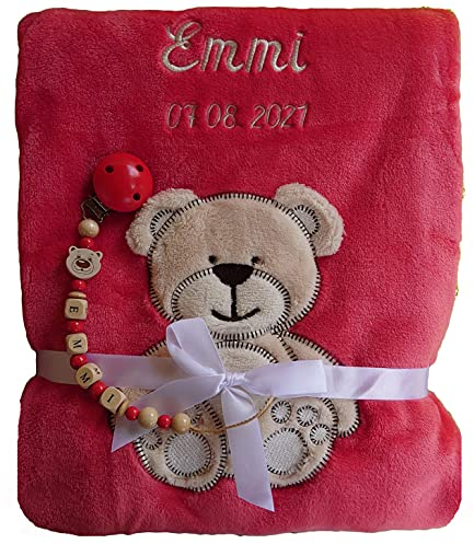 Babydecke mit Namen bestickt + Schnullerkette, Geschenk Baby Taufe Geburt (rot)
