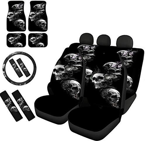 Belidome Totenkopf-Autositzbezüge, Set mit Lenkradbezug, Schultergurt, Fußmatten für Damen und Herren