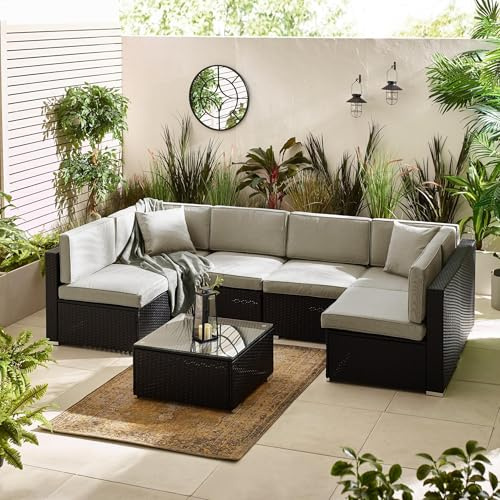 Furniturebox 6 Seat Modular Rattan Garden Sofa - Black & Black Cushions - UV Resistant, Modular Design, 72x72cm per section - Orlando Collection