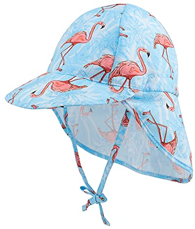 LACOFIA Baby Sonnenhut mit Bindebändern und Nackenschutz Kinder Strand Mützen Kleinkind Sommer Visier Cap Blau Flamingo 2-5 Jahre