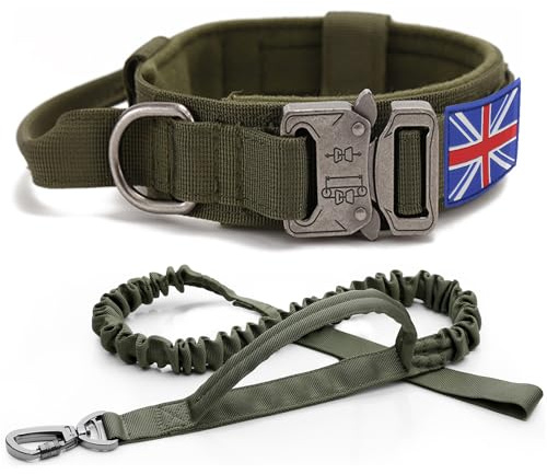YoothBro K9 Military Dog Collar and Lead Set - Adjustable Nylon Collar with Heavy Duty Metal Buckle for Medium Large Dogs, Green with UK United Kingdom Flag