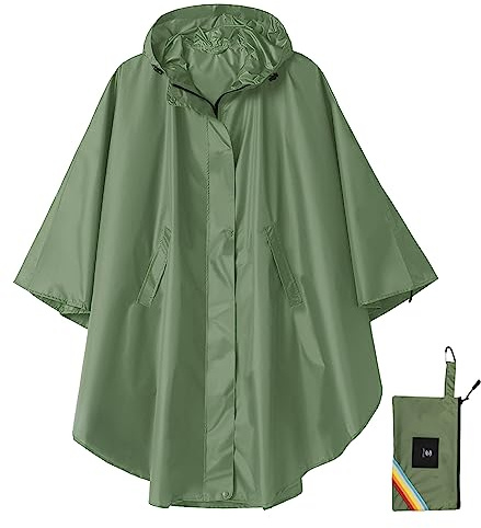 SaphiRose Unisex Rain Poncho Hooded Waterproof Raincoat Jacket for Adults Women Men, B-army Green(with Zipper), One Size