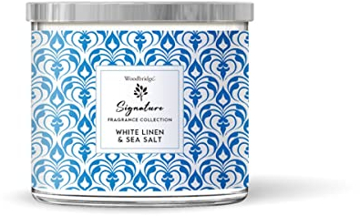 Woodbridge Duftkerze im Glas mit Deckel | White Linen & Sea Salt | Duftkerze Frisch | Kerzen 3 Docht | Kerzen lange Brenndauer (40h) | Geschenk für Frauen
