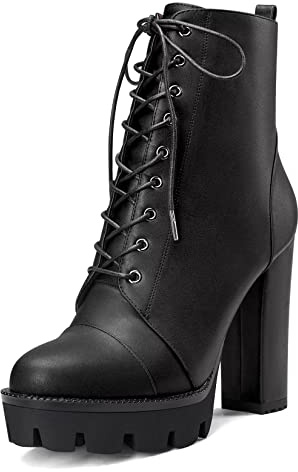 Castamere Femmes Haut High Talon Heel Plate-forme Bloc Chunky Rond Bout Bottines Lacets Fermeture à Glissière Bottes Noir 36 EU