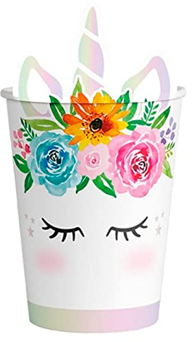 Acan Tradineur - Pack de 6 Vasos de cartón biodegradables, diseño de Unicornio, reciclables, decoración de Fiestas de cumpleaños, niñas, 270 ml