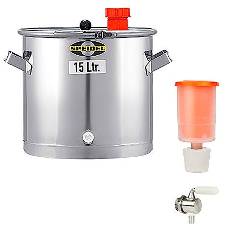 Speidel Gärbehälter Edelstahl 280 mm D, 15 Liter inklusive V2A Ablasshahn und Gärspund, Universalfass V2A Edelstahl für Lagerung, Transport und Vergären von Most, Wein, Saft, Gärfass Edelstahl 15L