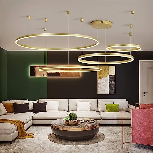 LED Hängelleuchte Wohnzimmerlampe Hängelampe Esstisch Pendelleuchte Dimmbar Mit Fernbedienung Pendellampe Moderne Aluminium Runde Acryl Beleuchtung Kronleuchter ( Color : Gold , Größe : 4laps 40+60+80