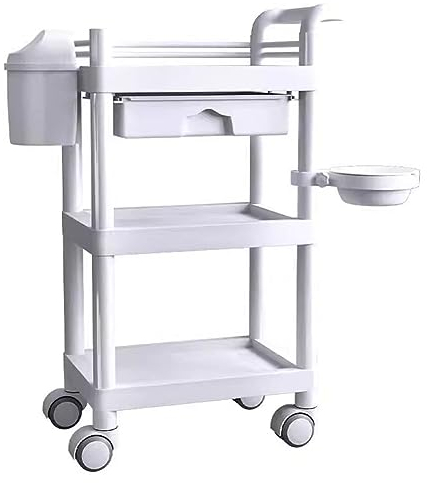 GRRICEPL Salon SPA Rolling Trolley Hair Stylist Cart, Makeup Cases Hairdressing Cabinet, Tattoo Tray Organizer, With Rubbish Bin And Washbasin (Color : White, Size : 50x34x90cm)