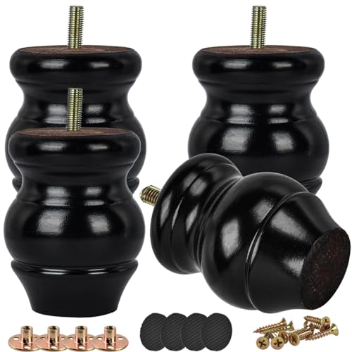 Btowin Lot de 4 pieds de meubles en bois massif de 10 cm, noir tourné avec boulons de suspension filetés M8, plaque de montage et vis pour canapé, armoire, ottoman, causeuse inclinable