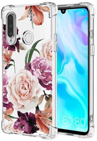 Jhxtech Handyhülle für Huawei P30 Lite, Nova 4E MARLX3A Mädchen Frauen, schlank, stoßfest, klar, Blumenmuster, weich, flexibel, TPU, Schutzhülle für Huawei P30 Lite, lila Blume
