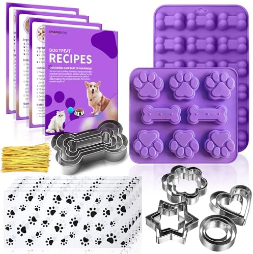 RUGVOMWM Juego de 123 golosinas caseras de silicona para perros, 2 moldes, 5+12 cortadores de galletas, 4 recetas, 50 bolsas y corbatas
