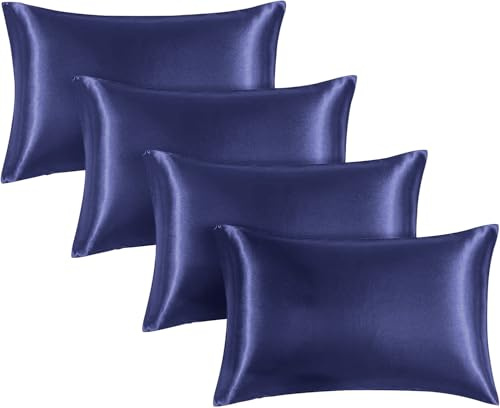 Moonlight Bedding Navy Satin Pillowcases 4 Pack – Soft & Smooth Feels Like Silk Pillowcases for Hair and Skin Care