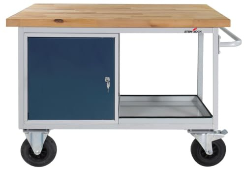 Steinbock Werkbank 1 Tür + Boden | 130x82,7x60 cm | Mobil | 500 kg | Grau | 500 kg Tragkraft | 4 cm geölte Massivholz-Arbeitsplatte aus Buche | stabiles Stahlgestell | Werktisch | Made in EU