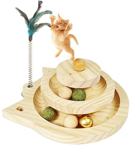 WishesMar Interaktives Katzen Spielzeug aus Holz Katzenspielzeug mit 3 Arten von Bällen Intelligenz-Spielzeug für Kätzchen Körperliche Bewegung Geistig 2-stufiges Kugelturm Spiel Schienen Spielzeug