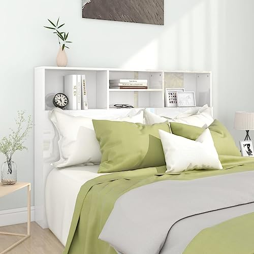 Coavain Kopfteil Holzwerkstoff 140x19x103,5 cm Hochglanz-Weiß Feuchtigkeitsbeständigkeit Auszeichnet Kopfteil-Regal Modernes Design Zusätzlicher Stauraum Bücher und Dekoration Aufbewahren