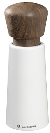 Zassenhaus Pfeffermühle NORDERNEY, Lackiertes Buchenholz, Mühlenkopf aus Nussbaum, Stufenlos verstellbares Hochleistungs-Keramikmahlwerk, Gewürzmühle für Pfeffer, Salz und Kräuter, 18 cm, Weiß