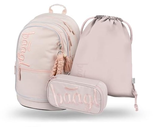 Baagl Schulrucksack Set Jungen Mädchen 3 Teilig, Schultasche für Grundschule Volksschule, Grundschule Ranzen mit Brustgurt, Ergonomischer Schulranzen (Sand)