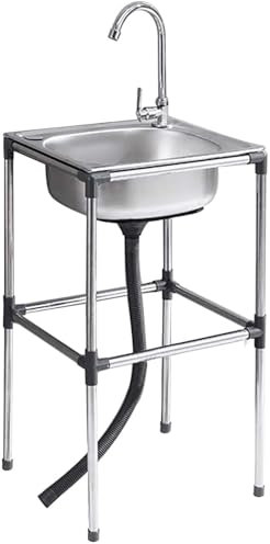 Évier de cuisine autonome en acier inoxydable avec simple robinet d'eau froide - Lavabo simple pour l'intérieur et l'extérieur