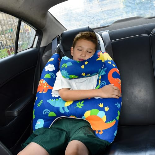 YAOZUP Cuscino Auto Bambini, Cuscino Auto per Bambini a Forma di H, Cuscino da Viaggio per Bambini in Auto, Lavabile, Regolabile e Traspirante, per I Lunghi Viaggi in Auto (Dinosauro)