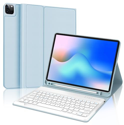 SENGBIRCH Custodia con Tastiera per iPad Pro 12,9 6ª/5ª/4ª/3ª Generazione, Layout Italiano QWERTY Rimovibile Wireless Bluetooth Tastiera, Custodia con Portapenne Supporta Ricarica, Azzurro