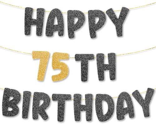 TOYVENTURES 75th Birthday Banner pre strung - NO DIY - Gold Glitter 75th Birthday Decorations for Women & Men, Party Banner - Party Decor Sign Funny Party Supplies, Did we mention NO DIY?