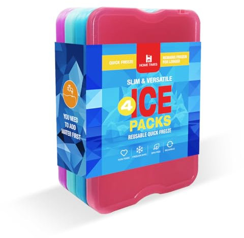 hometimestore Dünn Kühlakkus für Kühltasche Lunchboxen BPA-frei Kühlpakete Wiederverwendbar & Platzsparend für Camping, Angeln, Roadtrip und Strand, 4 Stück Leere Kühlakkus (Farbig)