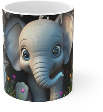 Teecustom Tasse Mug Éléphant Bébé Mignon – Illustration Éléphant Cartoon Curieux avec Fleurs Tropicales et Mur Vintage