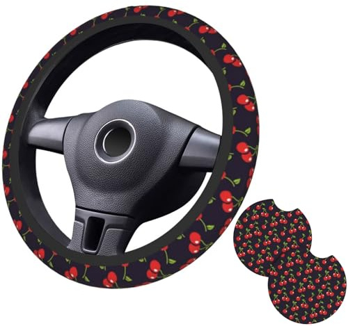 Housse de volant motif cerise mignonne pour homme et femme avec 2 sous-verres de voiture, 38,1 cm en néoprène antidérapant, mignon, universel, rouge