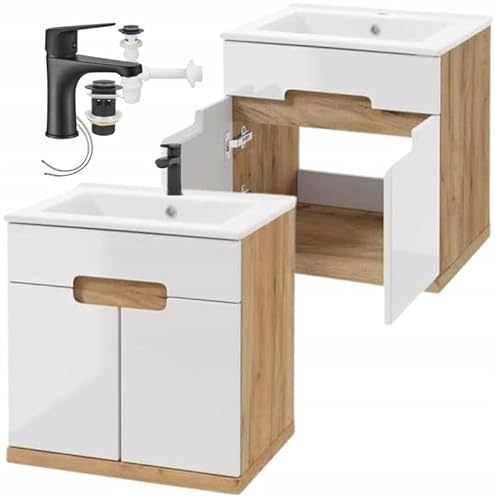 .Deftrans - Waschbecken mit Unterschrank 50 cm Set – Hängend Badmöbel Gäste WC – Waschbeckenunterschrank klein mit Schrank, Armatur, klick-Klack Ablauf & Siphon – Eiche/Weiß Hochglanz