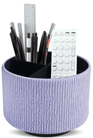 Czzmy Rund Stiftehalter,Leder,360° drehbar,Fernbedienungshalter, drehbarer Nachttisch, TV-Fernbedienung, Schreibtisch-Organizer für Stifte, Bürobedarf, Aufbewahrungsbox(1-Holz Lila)