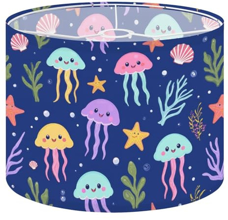 Round Drum Light Shade Under sea Seamless neon Jellyfish Water Plants Shells Large Lampshades for Ceiling Lights Table Floor Lamps Easy Assembly Replacement Lamp Shades Spider Fitter