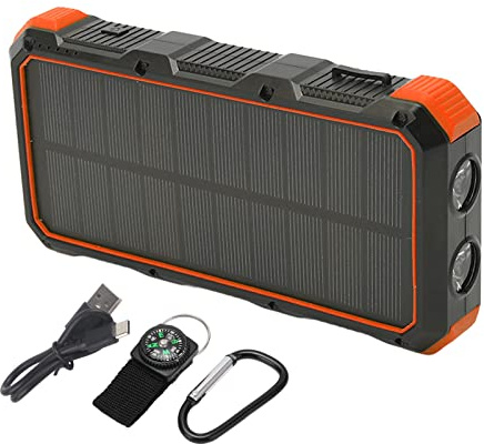 Power Bank Solaire 36800mAh Charge Rapide 5V 3A avec 3 Ports USB et LED - Batterie Externe Portable pour Camping et Randonnée Outdoor (Orange)