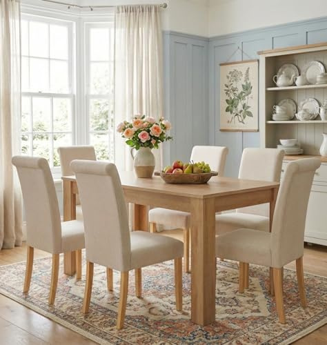 Hallowood Furniture Newquay Large Oak Dining Table and Chairs Set 6, Cream | 120cm Fixed Top Dining Room Table and Chairs in Cream Fabric Upholstery and Oak Legs, Farmhouse Wooden Dining Room Sets for 6
