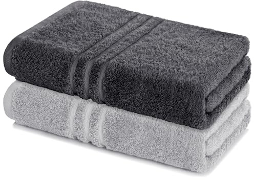 Lavea® 2er Set Saunatuch 80×200 cm - Anthrazit & Silber | 100% Baumwolle – Großes Saunatuch für Damen & Herren, saugstarkes Frottiertuch, weich, waschbar, Frottierserie Elena