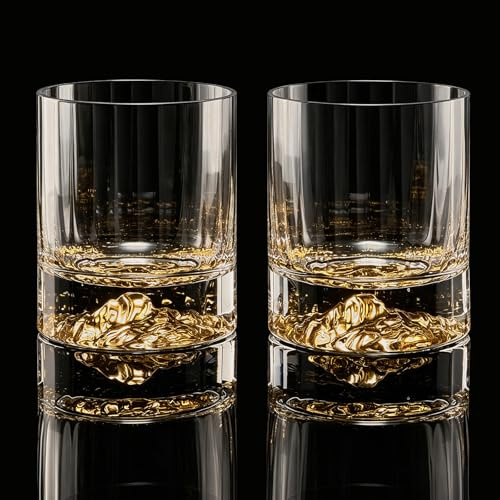 DUJUST Whiskygläser Set mit 2 Gläsern (330 ml), Goldenes Bergdesign | Kristallgläser für Bourbon, Scotch und Cocktails, Old Fashioned Tumbler für Hausbar, BPA- und bleifrei